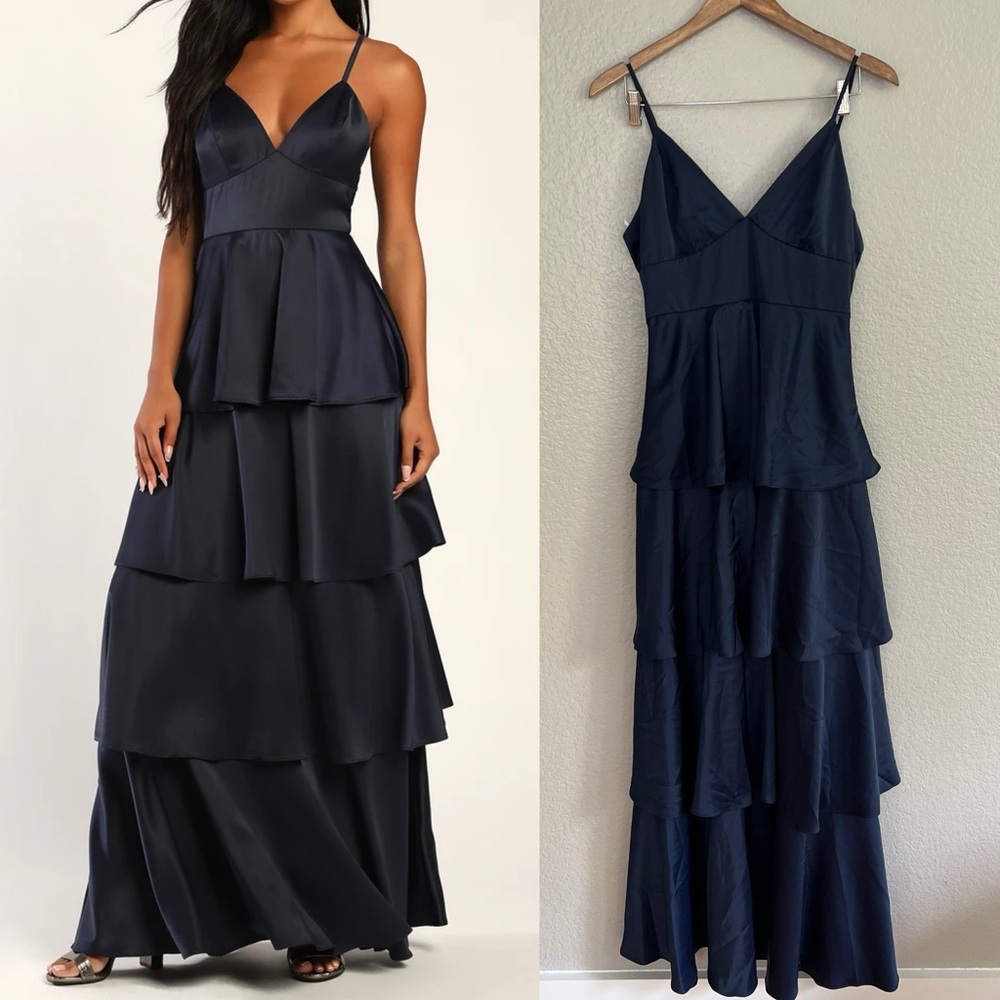 NWOT Going with Elegance Navy Blue Satin Tiered Maxi Dress